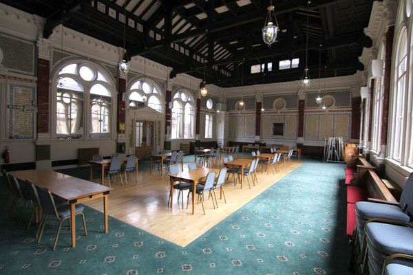 Channing Hall.  Flexible table and chair layouts are possible.
