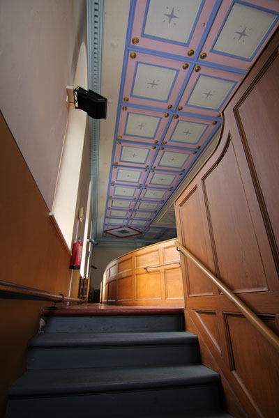 Steps leading up to the Gallery, showing the Chapel's fine ceiling.